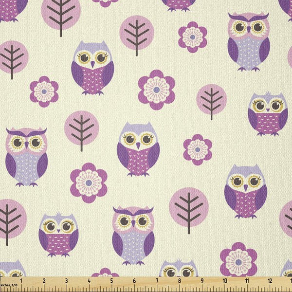 Lunarable Owls Fabric by The Yard, Owl Cartoon Pattern Feminine