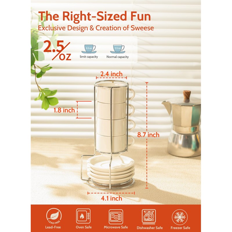 Sweese 2.5 Ounce Porcelain Stackable Espresso Cups with Saucers and