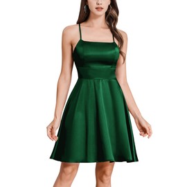 Satin Wedding Guest Dresses Short Formal Silk Mini Dress Square Neck Spaghetti Straps Tie Back Ruffle Party Dress School Dance Promotion Homecoming Dresses for Teens Emerald Green L