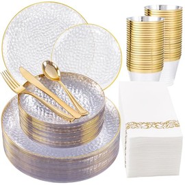 DaYammi 175PCS Clear Gold Plastic Dinnerware Set, Plastic Plates Disposable Hammered Disposable Plates for Party, Include: 25 Dinner Plates 25 Dessert Plates 75 Gold Silverware 25 Napkins 25 Cups