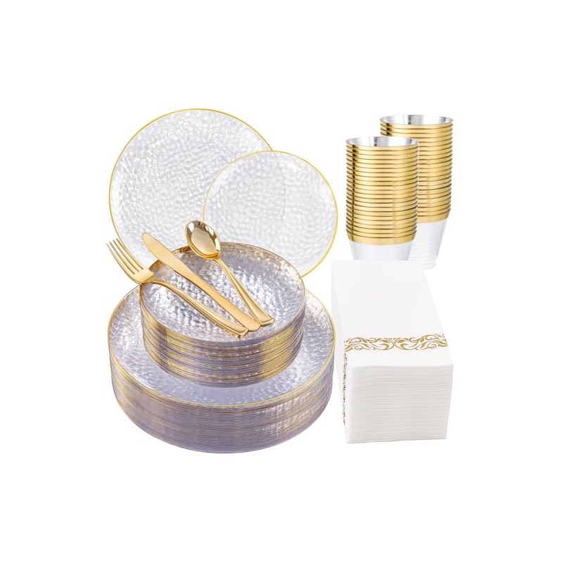 DaYammi 175PCS Clear Gold Plastic Dinnerware Set, Plastic Plates Disposable