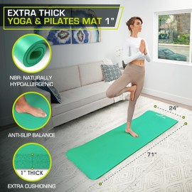 ProsourceFit Extra Thick Yoga and Pilates Mat ½” (13mm) or 1" (25mm), 71-inch Long High Density Exercise Mat with Comfort Foam and Carrying Strap, Green