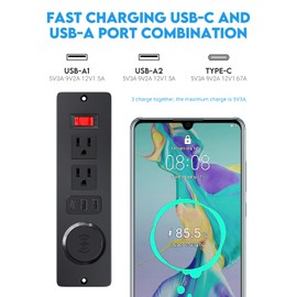 Recessed Power Strip 15W Wireless Charger, PD20W USB-C Fast Charging with 3 Outlets 6ft Power Cord for Furniture, Nightstand, Sofa Table, Drawer (Wireless)