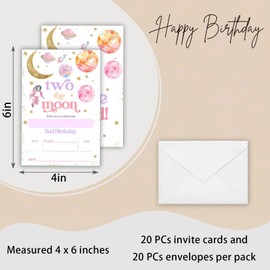 JCVUK 2nd Birthday Party Invitation Card - Two The Moon - Watercolor Space Theme 4 X 6 Double-Sided Fill-In Invitation Card With 20 Envelopes For Girls-Birthday Party Favors & Supplies(20Pcs) - C03