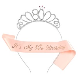 Miss-shop Birthday Crystal Tiara, Birthday Crown Sash 80 Years Birthday Crown Tiara for Women Birthday Gift Party Favour Birthday Decoration Accessories
