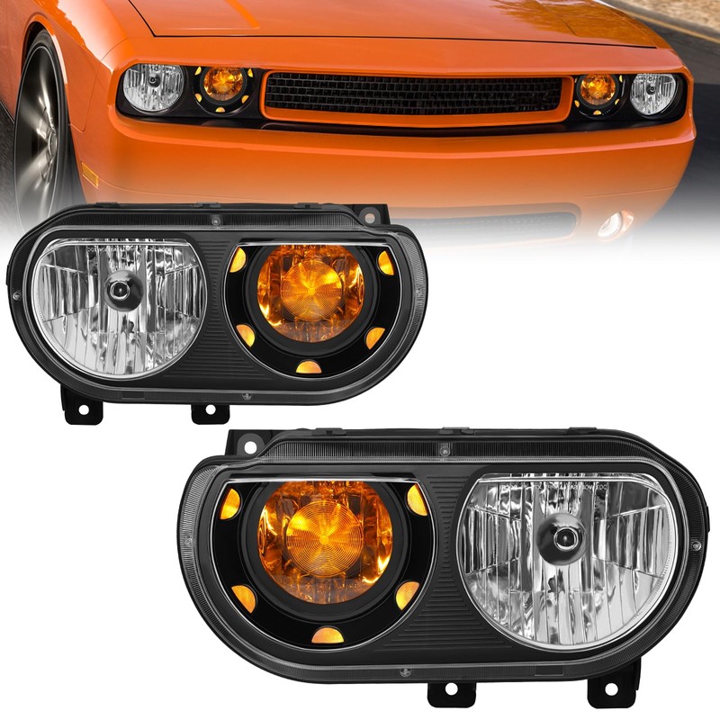 ELH Headlight Assembly Fit for 2008-2014 Dodge Challenger (Black/Amber)
