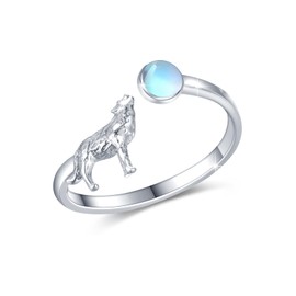 Wolf Open Ring S925 Sterling Silver Moonstone Wolf Ring Howling Wolf Adjustable Ring Animal Ring Howling Wolf Jewelry for Women 9#