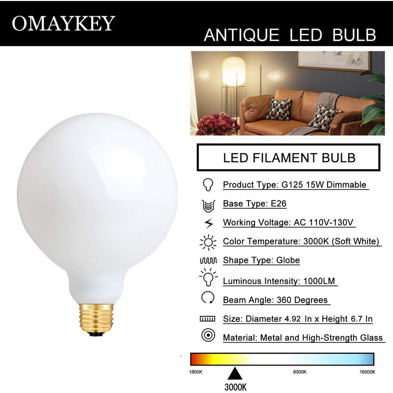 OMAYKEY 15W Dimmable Large LED Globe Bulb 100W Equivalent 1000