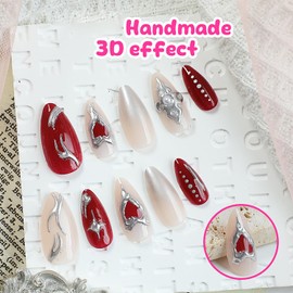 3D Handmade Love Heart Press on Nails Almond Shaped Pearl Rhinestones Design Valentine's Acrylic Nails Medium Full Cover Coffin Nails Artificial Stick on Nails Glue on Nails for Women 24Pcs