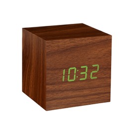 Gingko Cube LED Click Clock Alarm Clock With Sound Activation (Time, Date & Temperature), Walnut/Green LED
