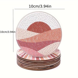 Landscape Pattern DIY Diamond Arts Colorful Painting Coaster, 8 Counts Round Table Decorative Cup Mat With Stand For Home Kitchen Coffee Shop
