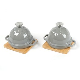 HAWOK Enameled Cast Iron Garlic Roaster with Bamboo Tray, 5-Inch, BBQ Grill Garlic Baker, Mini Cocotte, Set of 2, Grey