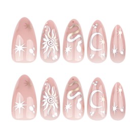 MISUD Press on Nails Almond Medium Fake Nails Glossy Glue on Nails Nude Pink Acrylic Nails Stiletto Artificial Nails Chrome Sun Moon Star Snake Stick on False Nails with Design 24 pcs