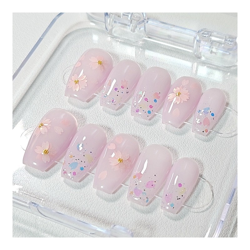 Handmade nail tips when cherry blossoms bloom - Long Coffin