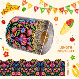 FYSUIMU 65.6 Ft Mexican Fiesta Floral Bulletin Board Border Colorful Flower Scalloped Die Cut Trim Cinco De Mayo Black Border Sticker Roll for Home Classroom Party Wall Decoration