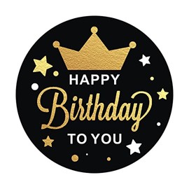 Fedyufook Black and Gold Happy Birthday Party Favor Stickers - 2 Inches - 50 Labels