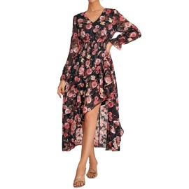 GRACE KARIN Long Sleeve Wedding Guest Dress 2025, Boho A Line Fall Dresses Flower Print, Floral Dress Party Club Dresses Black Red Floral Size XL