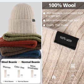 Ababalaya 100% Wool Beanie for Men Women Windproof Double Layer Super Cozy Knitted Cuffed Beanies Unisex Warm Winter Hat with Ear Protection & Face-Slimming Fit, Oatmeal