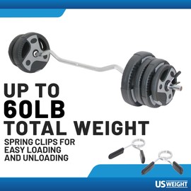 US Weight 60lb Curl Bar Weight Set with Spring Clips – Adjustable Workout Set for Home Gym - Ideal Exercise Equipment for Full-Body Training