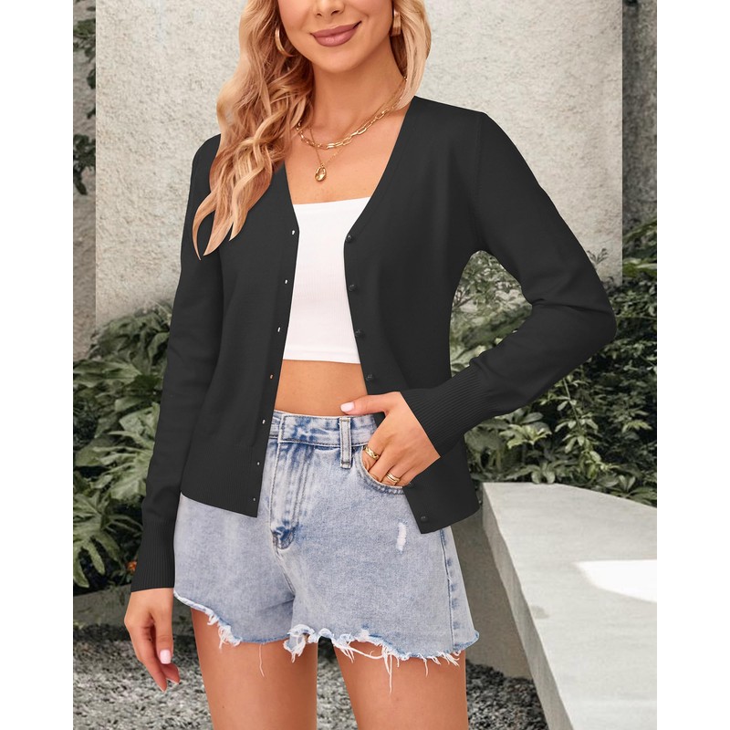 Arach&Cloz Women's V Neck Lightweight Cardigan Long Sleeve Solid Top