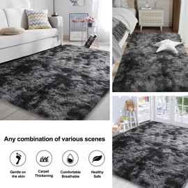 AIMECO Area Rugs for Living Room Bedroom, 4X6 Ft Shag Fluffy Rug Black Grey Carpet ，Machine Washable Indoor Carpet for Kids Bedside Living Room，Nursery ，Room Decor Tie-Dyed Dark Grey