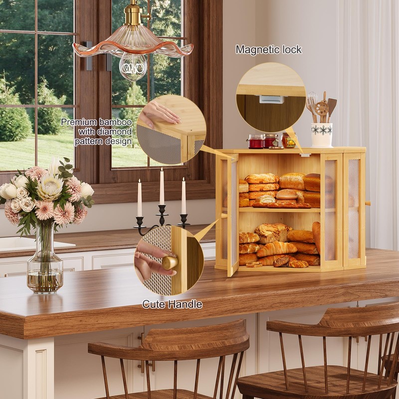 Furshus Corner Bread Box for Kitchen Countertop,Bread Storage for Homemade