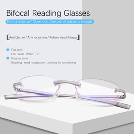 Rimless Clear Bifocal Reading Glasses Spring Hinge Blue Light Blocking Readers for Men and Women Unisex Eyewear Far Near Dual-Use Lightweight Magnifying Anti Glare UV Digital Fashion Eyeglasses