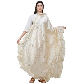 Exotic India Dupatta from Amritsar with Gota Patches and Frill Border - Color Double Cream
