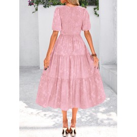 KIRUNDO Womens Summer Dresses Wedding Guest Floral Midi Sundress Short Puff Sleeve Flowy A Line Smocked Tiered Boho Dress(Pink, X-Large)