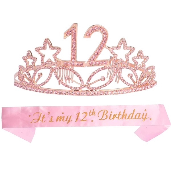 MEANT2TOBE 12th Birthday Sash and Tiara for Girls - Fabulous Glitter Sash + Stars Rhinestone Pink Premium Metal Tiara for Girls, 12th Birthday Gifts for Princess Party