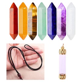 7 PCS Hexagonal Pointed Reiki Gemstones for Energy Balance Meditation Therapy Chakra Gifts. 1 Tube Pendant Necklace for 7 Chakra Crystals for Yoga, Meditation, Jewelry Gifts and Home Décor