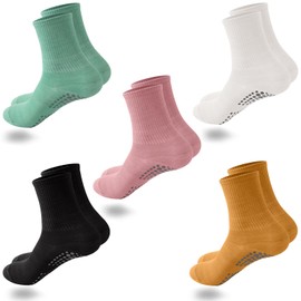 ZOCONE 5 Pairs Long Yoga Socks for Women Non Slip Pilates Grip Socks Women, Mid Calf Yoga Grip Socks Women Grip Socks Pilates Long Grippy Socks Ladies for Ballet, Workout, Fitness, Home, Sports