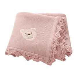 DovFanny Cotton Cellular Baby Blanket Knitted Soft Blanket for Newbron Baby Boy and Girls with Lovely Embroidery Bear