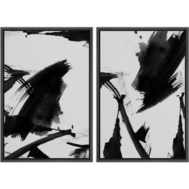 SIGNWIN Framed Canvas Print Wall Art Set Black Duotone Paint Stroke Landscape Abstract Shapes Illustrations Modern Art Decorative Contemporary for Living Room, Bedroom, Office - 24"x36"x2 Black
