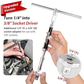 FIRSTINFO H5195B - Llave de carraca ajustable de 2 vías con mango en T de 1/4 de pulgada, con adaptador de dado adicional de 1/4" (H) x 3/8" (M) | Llave de velocidad con mango en T para brocas y dados