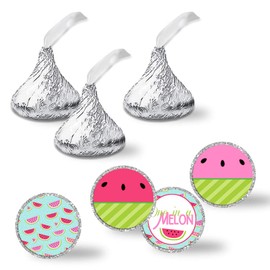 One In A Melon Birthday Party Kiss Sticker Labels, 300 Party Circle Sticker sized 0.75” for Chocolate Drop Kisses by AmandaCreation, Great for Party Favors, Envelope Seals & Goodie Bags