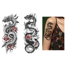 2 x Temporäres Drache Tattoo Drachen mit Rosen Tattoo Fake Dragon Tattoo XQB1038 1040