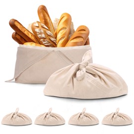 4 Pack Beeswax Bread Bags, Striped Linen Bento Bags, 14" Cotton Loaf Bag, Reusable Organic Food Storage, Sourdough Bag, Rustic Farmhouse Azuma Bukuro Origami Wrap for Baked Gifts (Natural Color, 4)