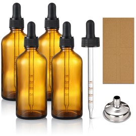 4 Pack 100ml Glass Dropper Bottles with Measured Dropper - 3.4oz Dark Amber Tincture Bottles with Graduated Calibrated Glass Eye Droppers (1ml) for Essential Oils, Liquids - Leakproof Travel Bottles