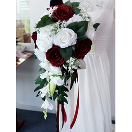 ChezMax Wedding Bridal Bouquet, Bride Artificial Rose Flowers with Ribbons, Bridesmaid Fake Flower Bunch 11.8 Inch, Tossing Cascading Bouquet for Boho Rustic Ceremony Anniversary Party Decorations