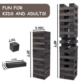 Juegoal 54 Pieces Giant Tumble Tower Blocks Game Giant Wood Stacking Game with 1 Dice Set, Gameboard, Canvas Bag for Adult, Kids, Family, Grey