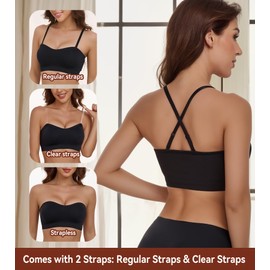 Lemorosy Women's Wireless Bandeau Bra Multiway Convertible Straps Bralette Seamless Non-Slip Silicone Comfortable Strapless Tube Top Bra (S, Black)