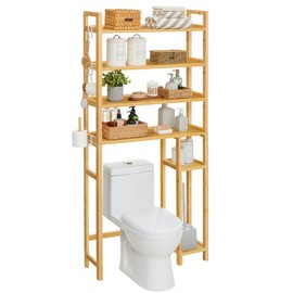 SONGMICS Over The Toilet Storage Shelf with Toilet Paper Holder, Bamboo Bathroom Organizer with Adjustable Shelves, 4 Hooks, Space-Saving Storage Rack, Flexible Assembly, Natural Beige UBTS017N01