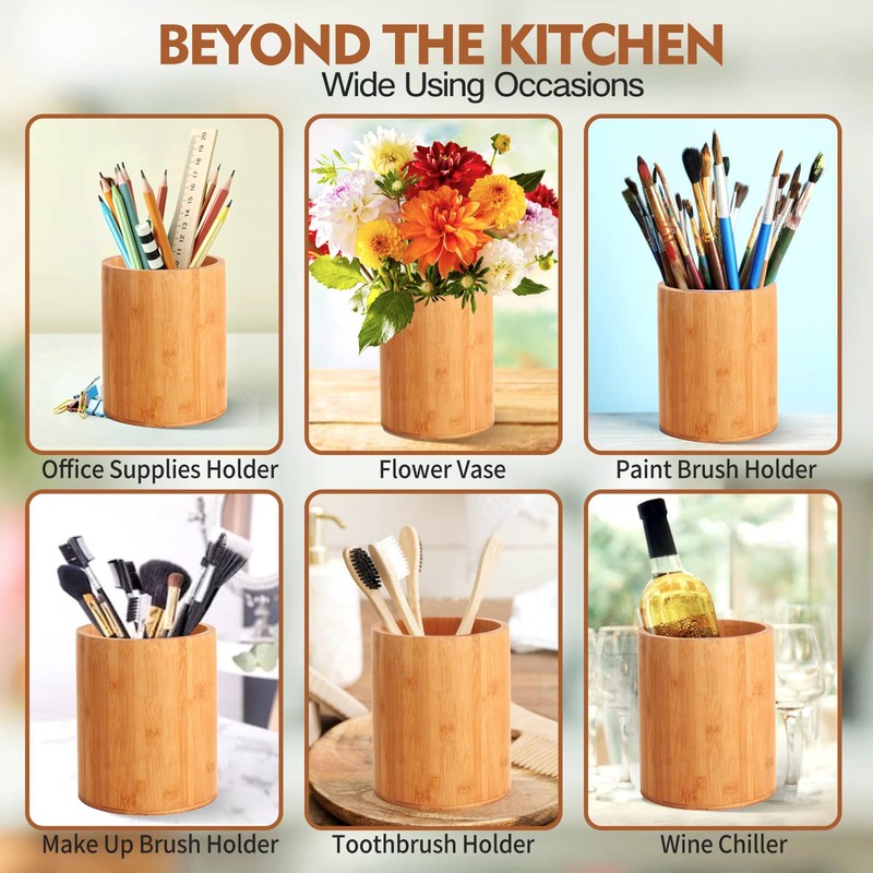 Bamboo Utensil Holder, Large Utensil Holders for Kitchen Counter, Bamboo