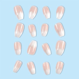 Press on Nails Medium Coffin MABKJLF French Fake Nails Nude Full Cover White Gradient False Nails with Designs Glossy Glue on Nails Acrylic Nails Manicure Artificial Nails for Women Girls 24Pcs