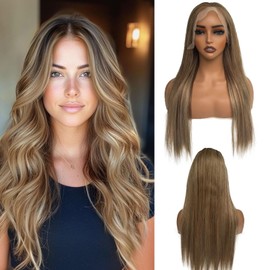Belaved Wigs Human Hair 13x4 Straight Lace Front 16 Inch Highlights Chocolate Brown Mixed Ash Blonde HD Lace Frontal Wig Human Hair Glueless Pre Plucked Bleached Knots