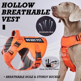 DNALLRINO Tactical Dog Harness Vest for Large Dogs, Adjustable Reflective Military Pet Harness with Dot Not Pet Patches for Golden Retriever, Doberman Pinscher, Rottweiler Orange