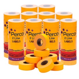Perco 2 Line Fluorescent Orange Labels - 80 Rolls, 10 Sleeves, 80,000 Blank Price and Date Gun Labels for Perco 2 Line Price and Date Guns - Made in USA