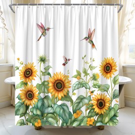 Hummingbird Sunflower Shower Curtain Rustic Farmhouse Yellow Flower Floral Green Leaf Fabric Bathroom Decor Set,70x70 inch
