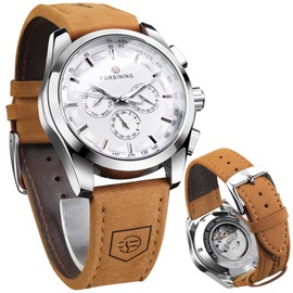 FORSINING Men's Transparent Sport Watch, Luxury Genuine Leather Strap Fashion Automatic Mechanical Skeleton Watch Mens Watches